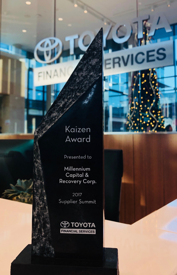 Toyota Financial Services awarded the Kaizen Award to Millennium Capital and Recovery Corporation for its continuous innovation and commitment to the pursuit of excellence in the recovery sector at its 2017 Supplier Summit.